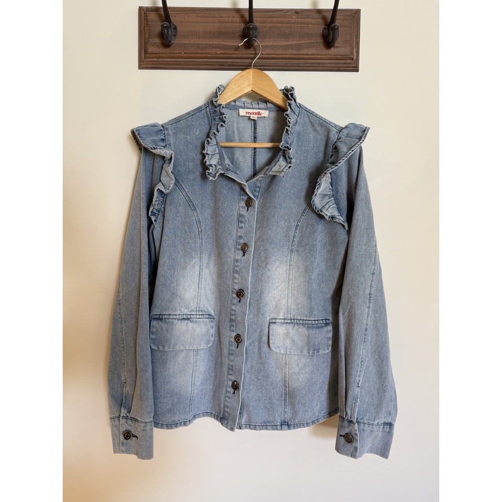 Mazik Light Wash Denim Jacket Oversized Sz L Women's Ruffled Sleeves Cottagecore